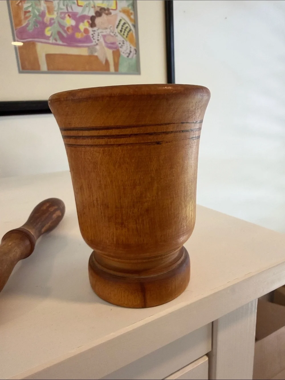 Wooden Vintage Mortar and Pestle with Brass Details